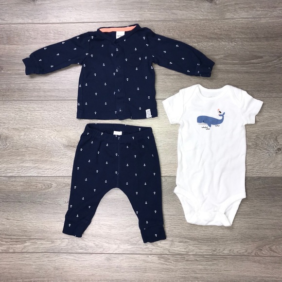 Carter’s 3 Piece Cardigan Set 3 Months Anchor Whale Navy Blue - Picture 3 of 9